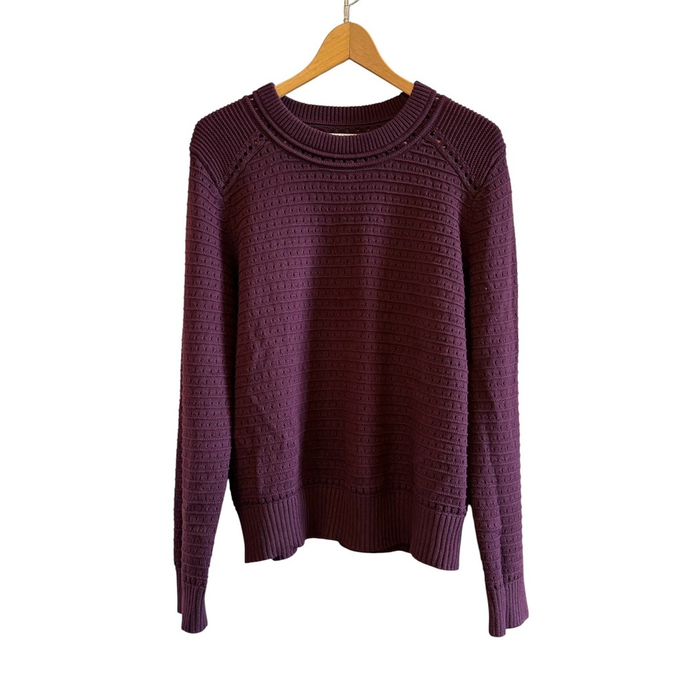 Loft Wms Casual Maroon Knit Eyelet LS Sweater Size L Fall Winter Solid Crew Neck